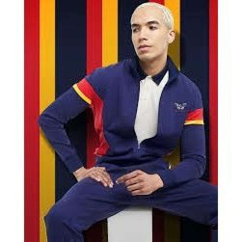 NWT AGTAWH Flower Peace Neoprene Track Jacket in navy with yellow and red stripe